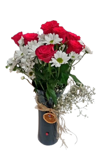 Siyah Cam Vazoda Gül ve Papatya  - Görsel 3